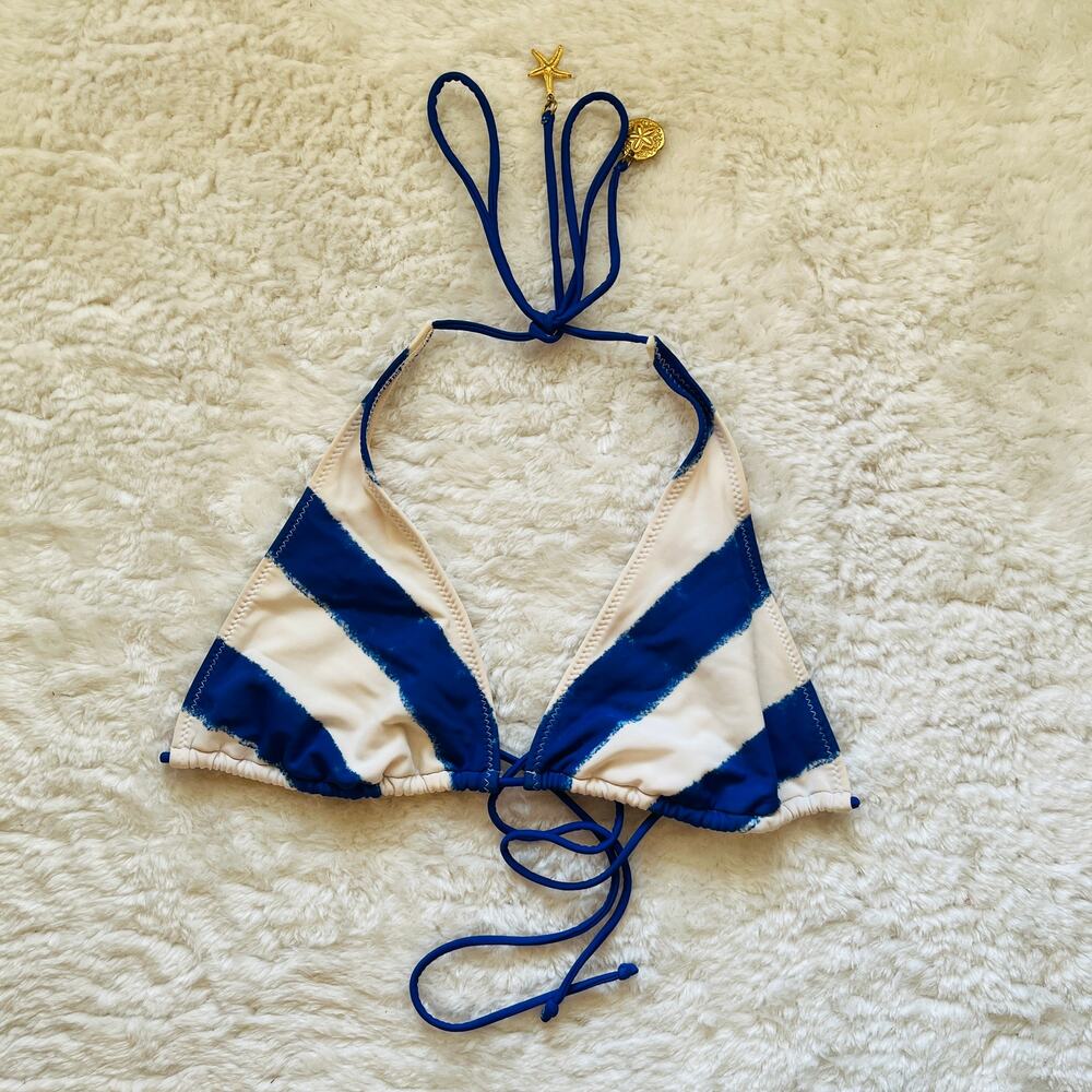 American Eagle | Y2K Blue and White Striped Halter Bikini Top Gold Shell Charms